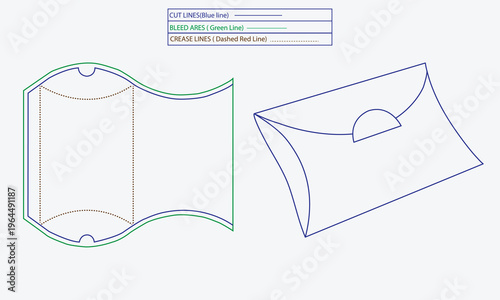 Pillow Box Dieline Template with Curved Flap for Gift Packaging Design