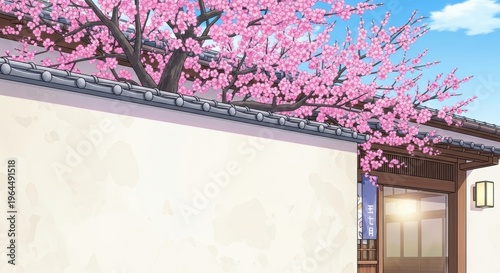 Cherry Blossom Background with Vibrant Sky and Traditional Architecture
