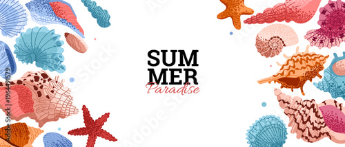 Seashell banner. Seashells, mollusks, sea snails, starfish. Underwater world. Tropical summer beach. Vector illustration.