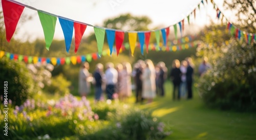 Colorful Bunting Flags Decorate a Festive Garden Party Scene