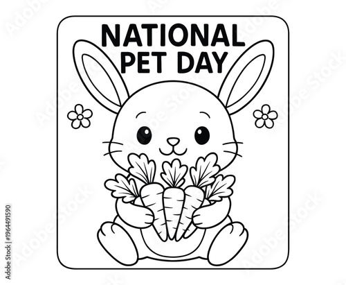 National pet day cute rabbit holding carrots with flowers coloring page.
