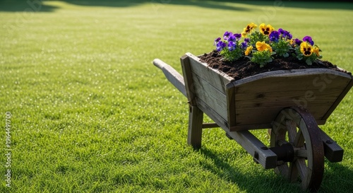Wooden Wheelbarrow with Colorful Flowers on Lush Green Grass