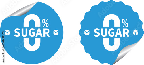 Zero percent blue circle sugar vector label design isolated on white. Minimalist design for food and drink packaging icon, sign, sticker, seal, stamp

