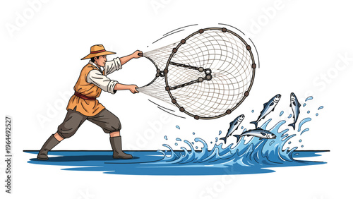 Angler and Bounty: Capturing the essence of a traditional angling scene, an angler casts his net, his focused effort punctuated by leaping fish and a promise of bounty.