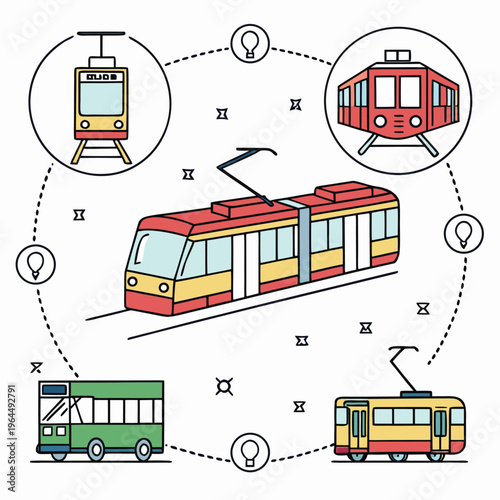 Public transportation network: train, bus, tram icons, public transit, line art