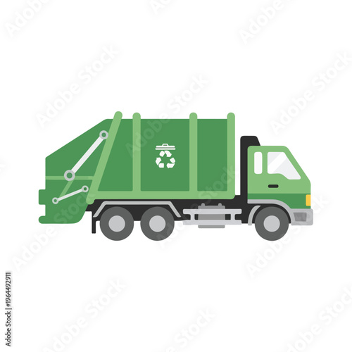 Green garbage truck with recycling symbol on side