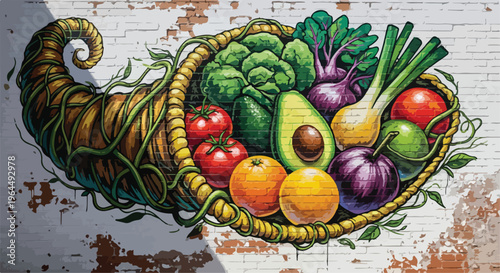 Cornucopia Horn of Plenty with Fresh Vegetables and Fruits Vector Illustration