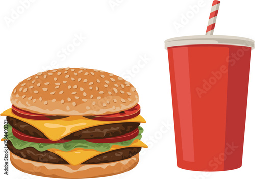 Double cheeseburger and soda vector, illustration of a large beef burger with cheese and a red disposable cup with straw, isolated on white background