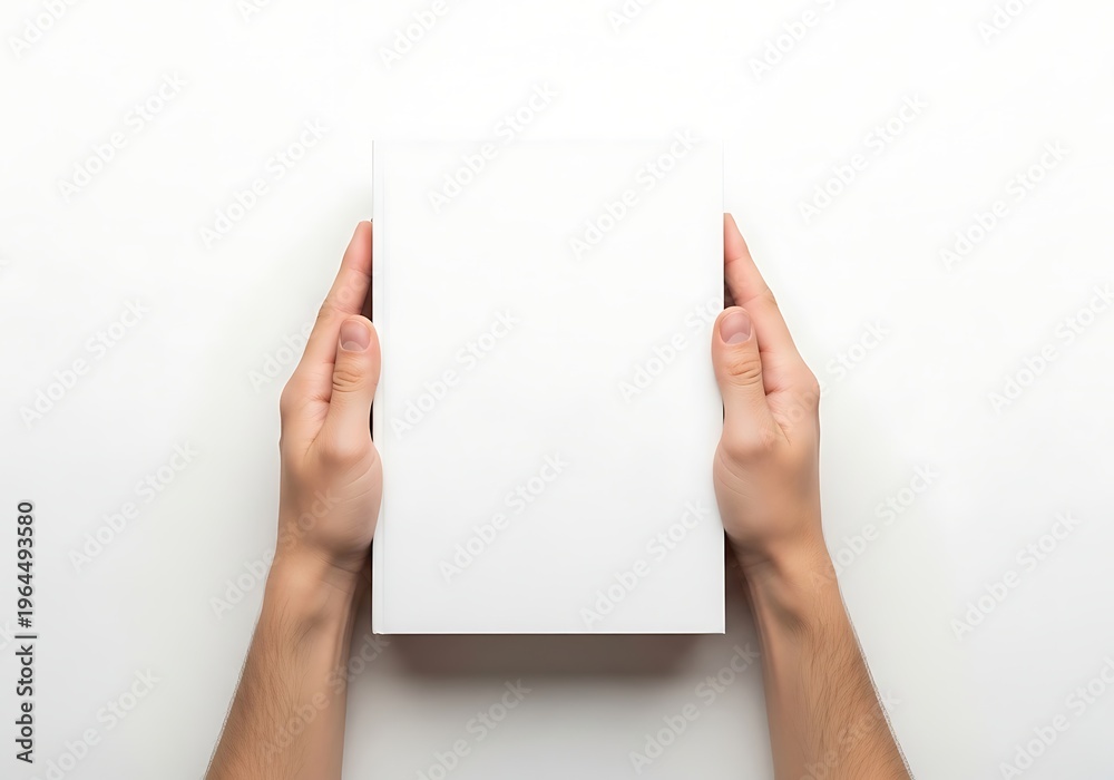 Obraz premium Two hands gently holding a plain white rectangular object against a light backdrop isolated on white background