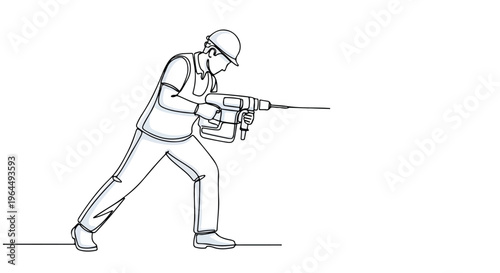 Continuous Line Drawing of Construction Worker Operating Jackhammer Vector isolated PNG with Transparent Background