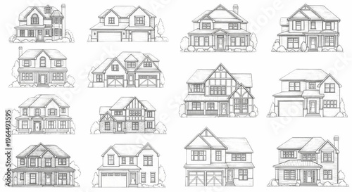 Pencil Sketch House Silhouettes, Architectural Styles, Residential Home Designs, Hand Drawn Buildings, Vector Illustration Set