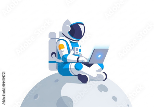 Astronaut sitting on the moon while using a laptop in space ,  April 12, Cosmonautics Day    