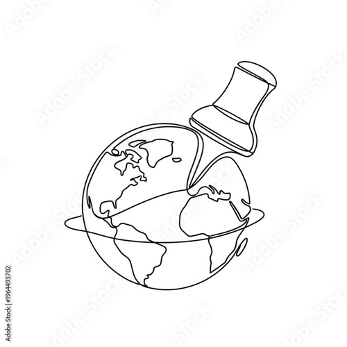 Outline of globe with push pin marking location,  April 12, Cosmonautics Day, single-line vector   