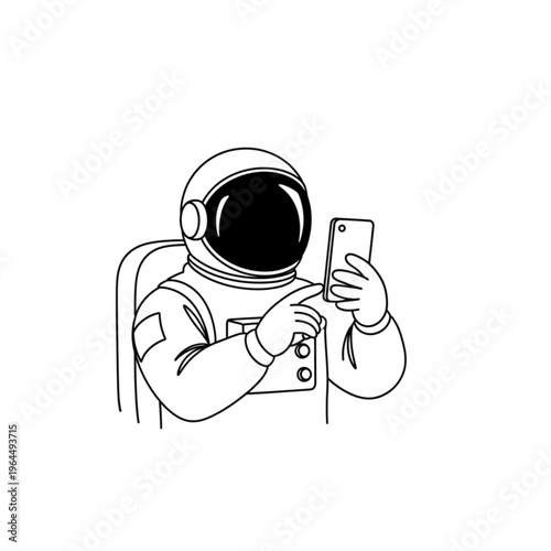 Astronaut using smartphone while seated in a spacesuit  ,  April 12, Cosmonautics Day, single-line vector  