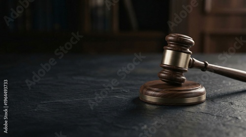 Wooden Judge's Gavel on Dark Slate Desk