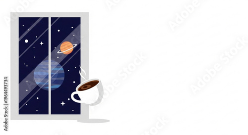 A cup of coffee by the window in zero gravity, with a view of the planets in space, April 12, Cosmonautics Day.