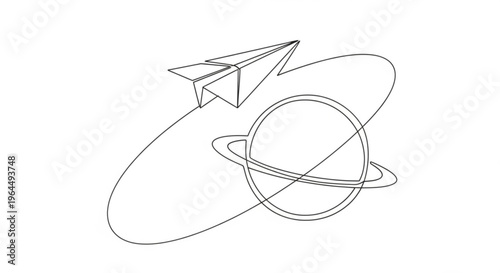 Paper airplane flying around planet Saturn in minimalist line art , April 12, Cosmonautics Day, single-line vector