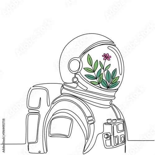 An astronaut in a helmet with a flower instead of a head, April 12, Cosmonautics Day, single-line vector