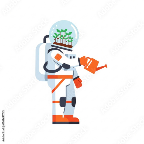 An astronaut with a watering can in his hands, wearing a helmet with plants instead of a head,  april 12, cosmonautics day