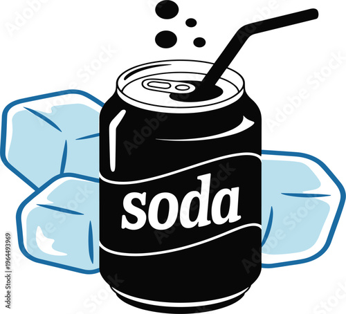Soda can vector with ice cubes, black beverage can with straw and bubbles, isolated on white background