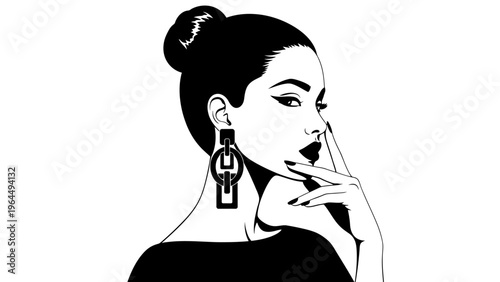 Elegant Woman, Black and White Portrait, Stylish Hairstyle, Bold Earrings, Sophisticated Look