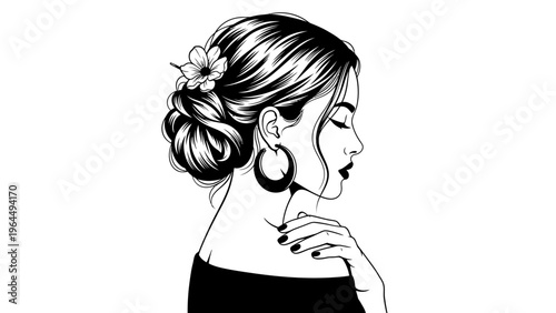 Elegant Woman with Updo Hairstyle and Flower, Profile View, Black and White Illustration