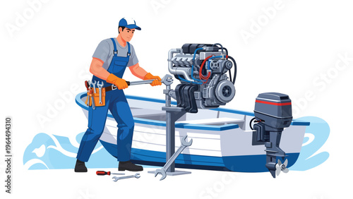 Boat Mechanic: A skilled boat mechanic works meticulously on a marine engine, ensuring its peak performance and reliability. The image emphasizes the expertise, dedication.