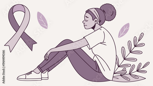 Breast cancer awareness illustration with woman sitting thoughtfully and pink ribbon symbolizing support strength and hope