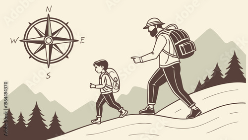 Hiking adventure illustration with father and son walking in nature using compass for direction exploration and bonding