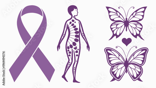 Health awareness illustration with purple ribbon human body spine and butterflies symbolizing lupus support strength and hope