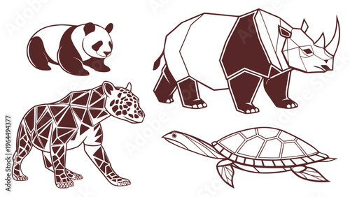 Wild animals illustration set with geometric panda rhinoceros leopard and turtle in modern polygonal style