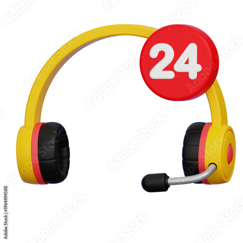 Vibrant 3D headset icon with '24' tag symbolizing round-the-clock customer support, online assistance, and continuous helpdesk service for digital platforms and communication needs