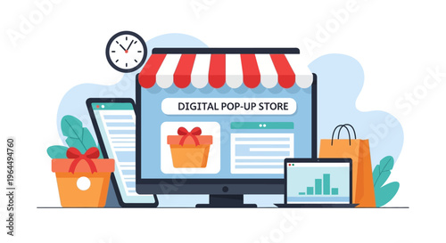 Digital Pop-Up Store Concept Illustration: E-commerce, Online Shopping & Temporary Retail Marketing Strategy on Devices
