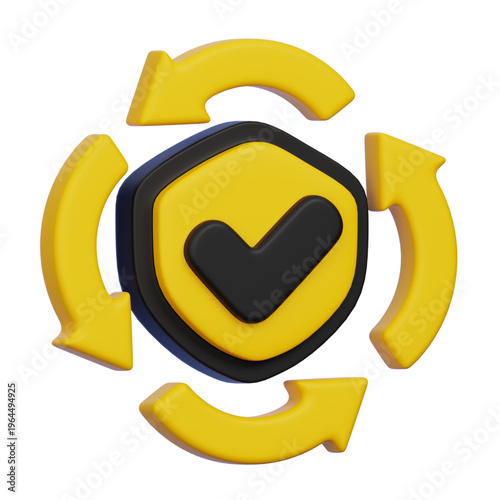 3D icon of a security shield with a checkmark and circular refresh arrows, symbolizing successful system updates, continuous protection, and reliable data synchronization