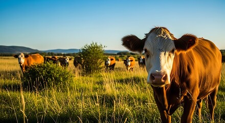 Brown cow standing in a field with herd and mountains in background