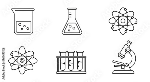 Set of scientific icons featuring laboratory equipment and atomic structures for educational and research purposes