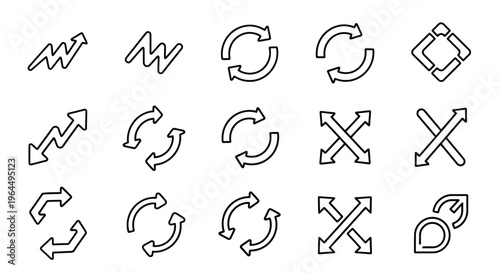 Set of various arrow icons, including circular, diagonal, and zig-zag arrows, representing cycles, movement, and exchange