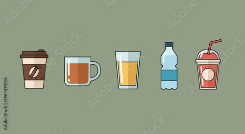 Collection of various beverages in cups and bottles for enjoyment and refreshment