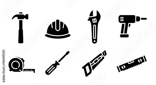 Set of iconic construction and repair tools including hammer, hard hat, wrench, drill, tape measure, screwdriver, utility knife, and spirit level