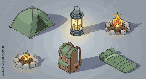 Collection of outdoor camping gear and equipment, including a tent, lantern, sleeping bag, and campfire, presented in an isometric illustration style