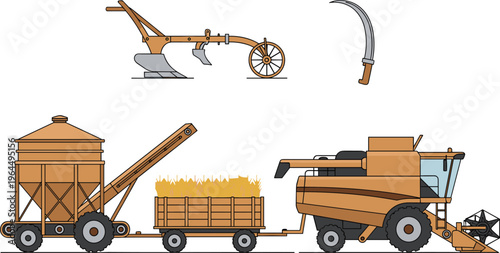 Vector illustration of farming technology evolution including traditional plow, sickle, modern combine harvester, grain trailer, agricultural machinery, crop production equipment