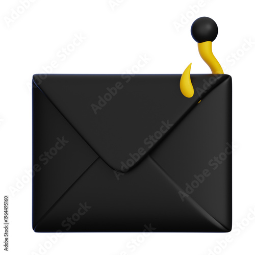 3D claymation illustration of a closed black envelope with a yellow and black pin hook dangling over the top edge
