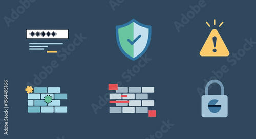 A clear set of flat design icons illustrating essential cybersecurity concepts, including password management, data protection, firewall defense, and online threat warnings