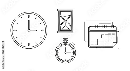 Collection of line art icons depicting time management, scheduling, and planning concepts, including clocks, hourglass, stopwatch, and calendars for business productivity