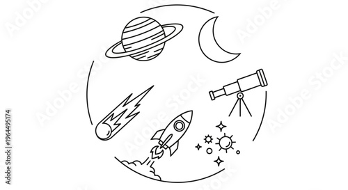 Cosmic Journey A Celestial Adventure Featuring Planets, Rockets, Comets, and Telescopes for Astronomical Exploration