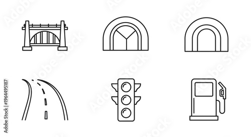 Collection of linear vector icons representing key transportation infrastructure, including bridges, tunnels, winding roads, traffic lights, and gas pumps, perfect for modern design projects