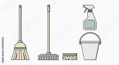 A complete set of essential household cleaning tools, including a broom, mop, spray bottle, bucket, and sponge, rendered in a modern flat design for domestic hygiene