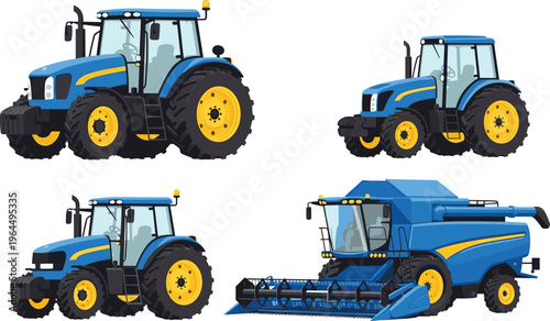 Vector illustration of modern agricultural machinery including three tractors with cabins, combine harvester with header, grain discharge pipe, farming equipment design