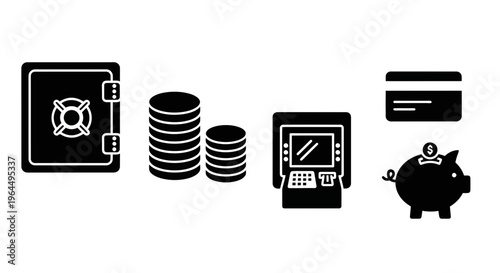 Essential financial and banking icons set, representing money management, secure transactions, savings, and investment concepts with a clean, modern silhouette design