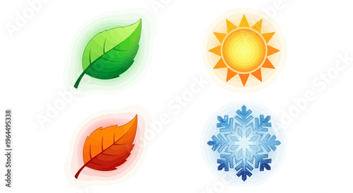 Icons representing the four seasons a green leaf for spring, a bright sun for summer, a red leaf for autumn, and a snowflake for winter